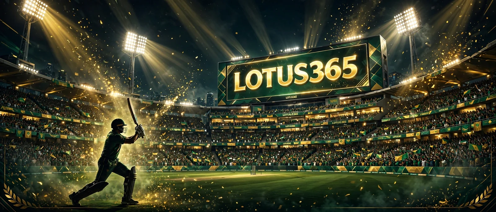 Floodlit cricket stadium at night with a giant screen showing the Lotus365 name above a cheering crowd